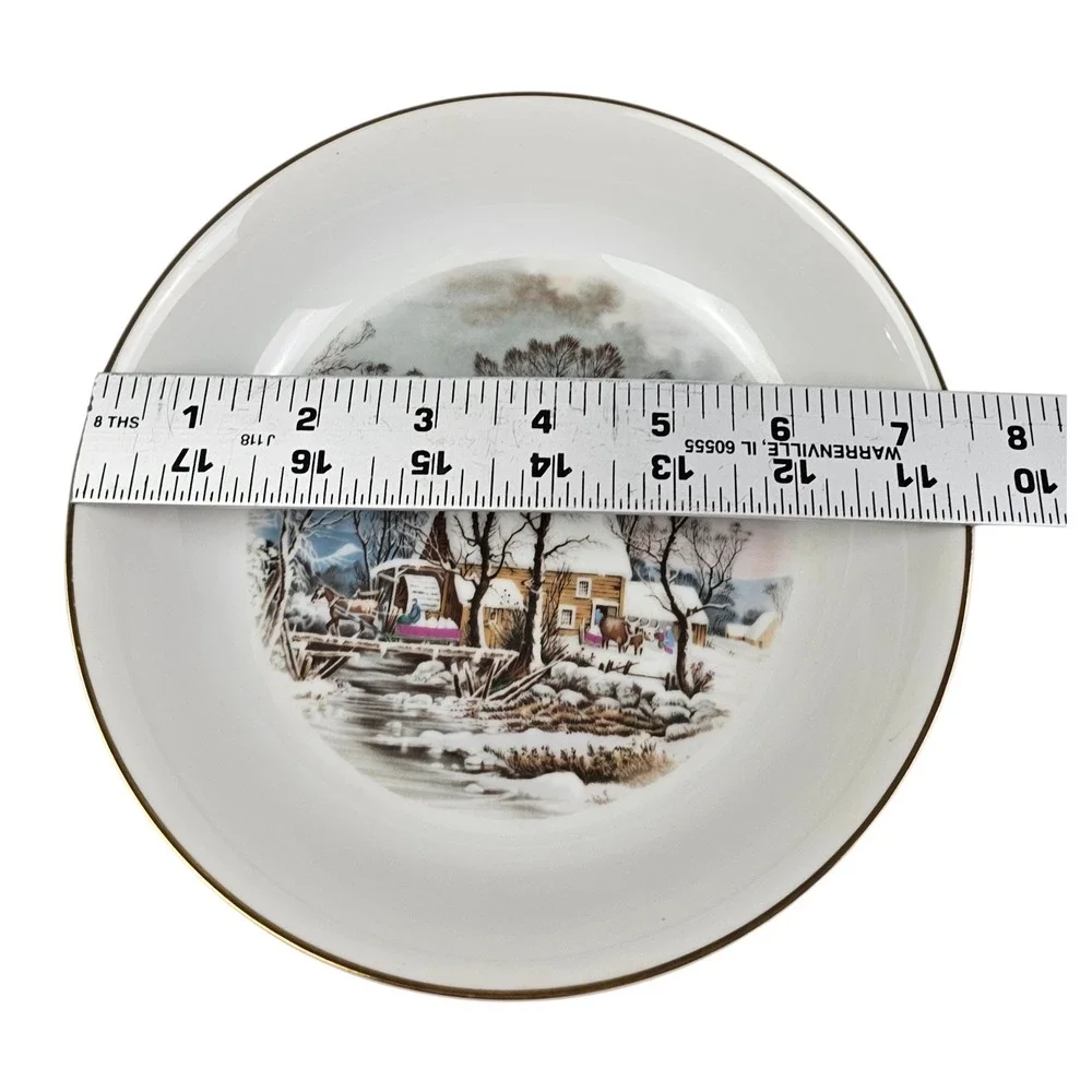 Vintage Avon Fine Porcelain Winter Scene 5 Piece Dinnerware Set Gold Rim Japan
